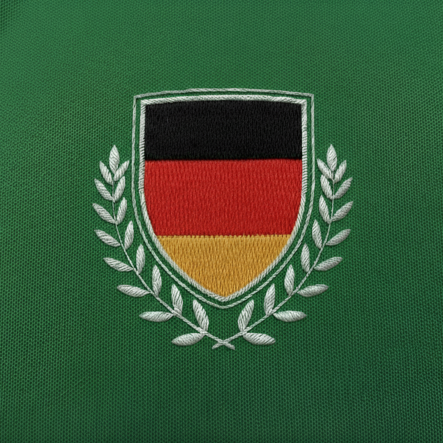 Detailaufnahme der Vorderseite des grünen Fan-Polo Deutschland 2026 mit gesticktem Deutschland-Wappen in Schwarz-Rot-Gold und weißen Ölzweigen