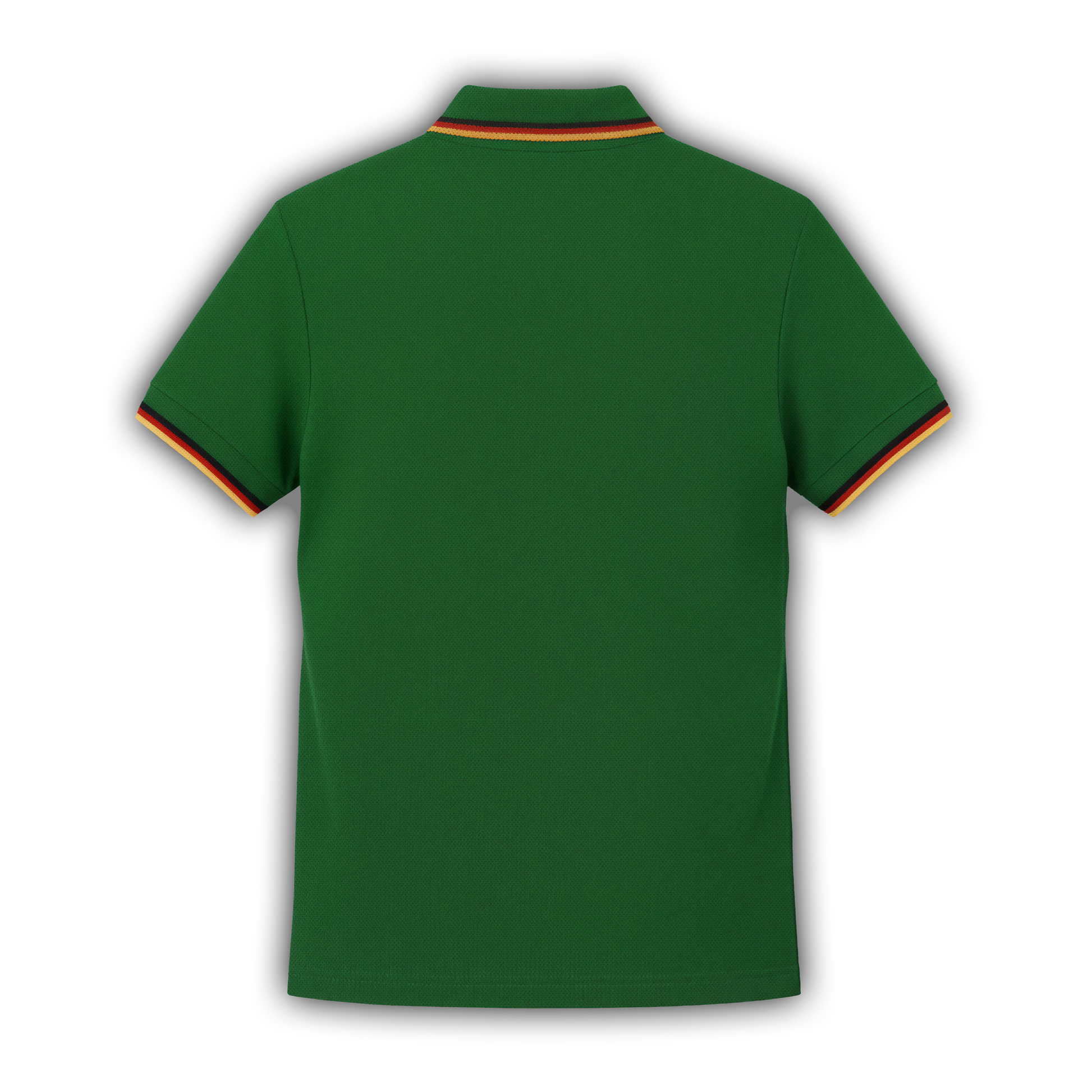 Rückseite des grünen Fan-Polo Deutschland 2026 mit schwarz-rot-goldenen Streifen an Kragen und Bündchen