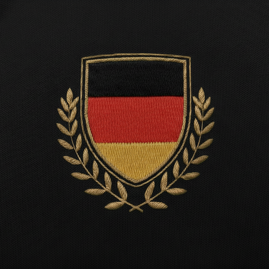 Detailaufnahme der Vorderseite des schwarzen Fan-Polo Deutschland 2026 mit gesticktem Deutschland-Wappen in Schwarz-Rot-Gold und goldenen Ölzweigen