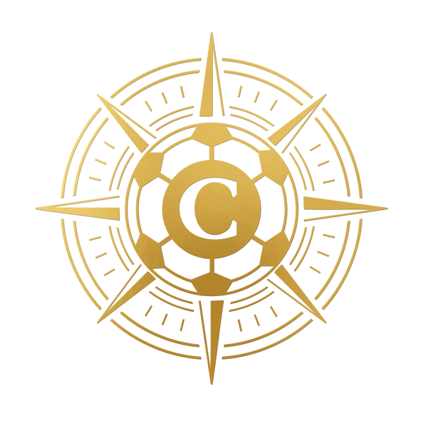 CALVERT SPORTS Bildlogo mit goldenem Fußball und Kompass-Windrose auf transparentem Hintergrund